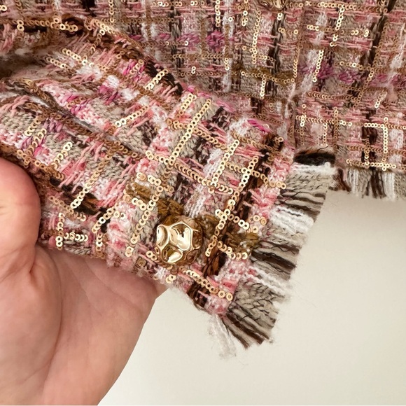 Adrienne Landau ONYX Crystal Tweed Jacket in Pink, Tan Gold Sequins Size M EUC - Picture 5 of 16